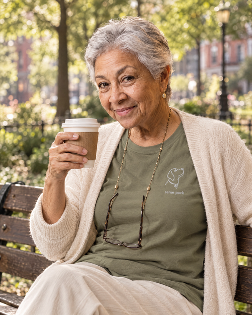 Woman wearing The Minimal Tee Olive with a cardigan