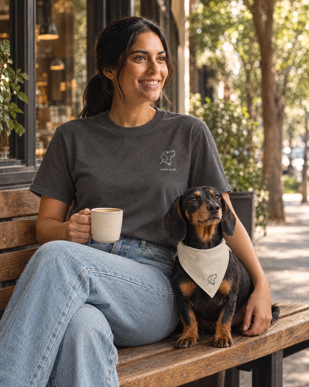 Maya wearing The Minimal Tee in Graphite, with Pepper in the Stone bandana
